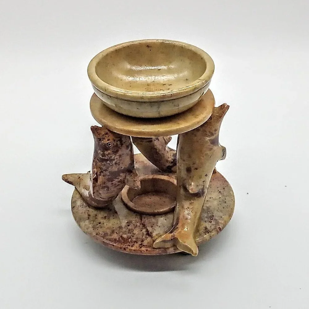 Three Stone Dolphins Carved Candle Incense Holder